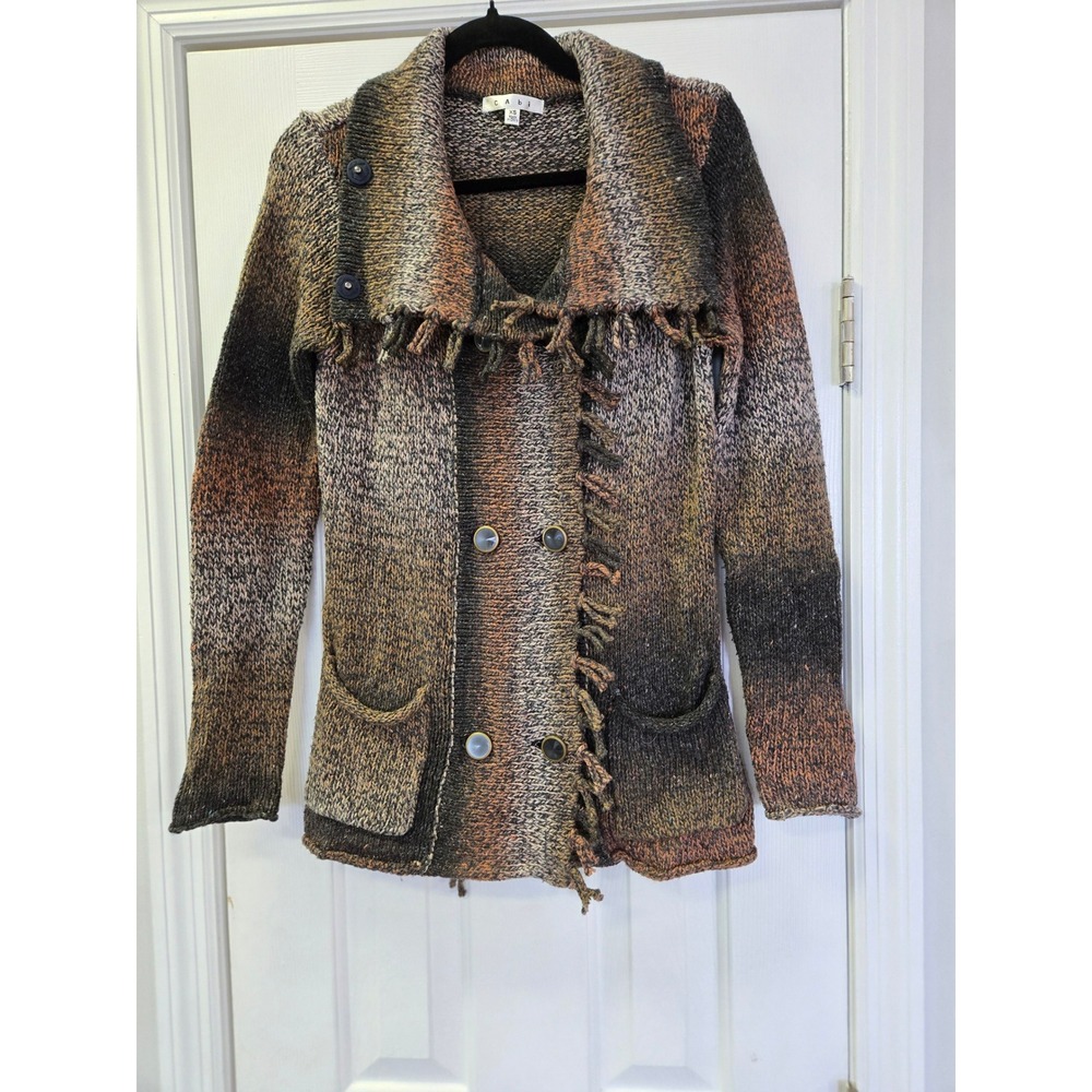 Cabi 903 Fringe Cardigan Sweater Brown Space Dye Double Breasted XS Womens